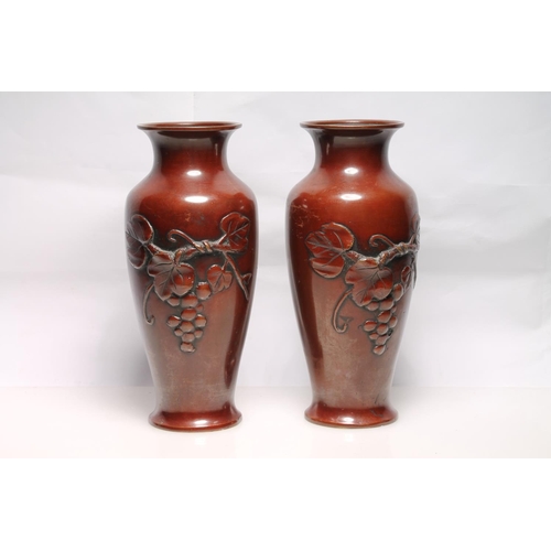 251 - Pair of Japanese bronze baluster vases decorated with relief fruiting vines, 21cm high.