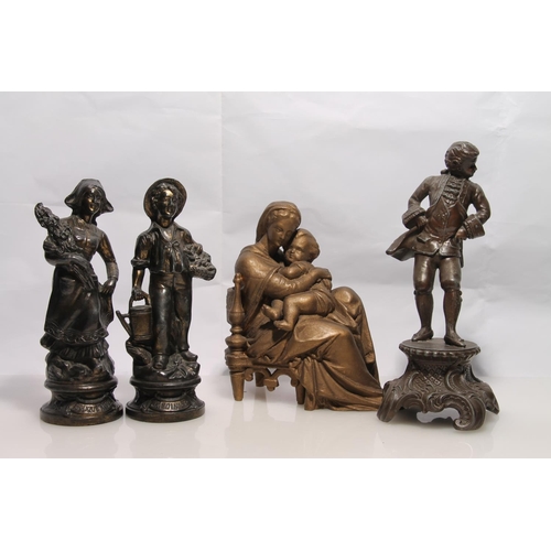 258 - Bronze patinated spelter figure of young gentleman in traditional costume, a pair of figures of a ga... 