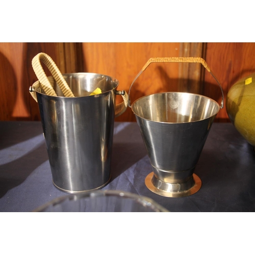 27 - Danish stainless steel pail, a similar ice bucket and three glass ice buckets to include Moet & ... 