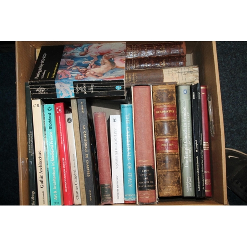 277 - Two boxes of books to include a leather bound BRITTON Westminster, Gothic Architecture, etc.