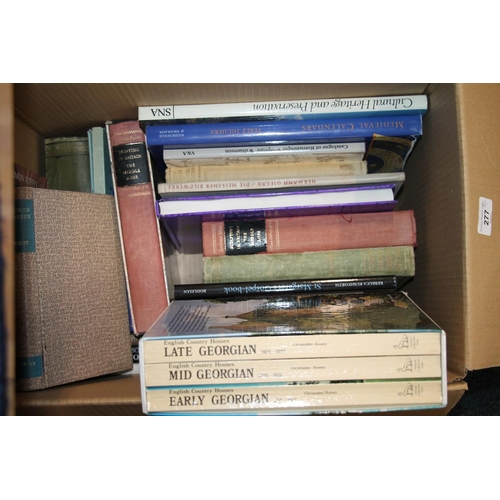 277 - Two boxes of books to include a leather bound BRITTON Westminster, Gothic Architecture, etc.