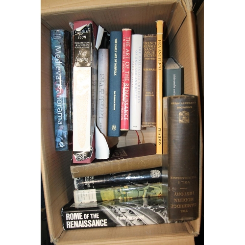 278 - Two boxes of books to include The Cambridge Modern History Volume I, Art reference books, etc.