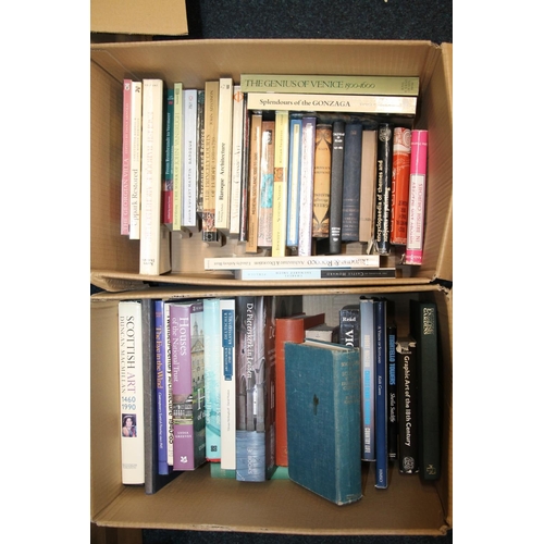 279 - Two boxes of books to include Art reference books, Medieval Scotland, etc.