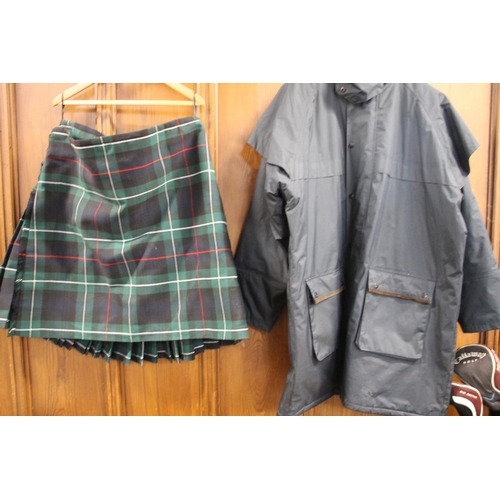 308 - Target Dry lined overcoat and a MacKenzie tartan kilt, size 44 with Highland Collection label.