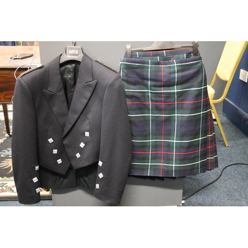 309 - Prince Charlie jacket and waistcoat, along with a kilt, shirts, a sporran, a belt with buckle, sgian... 