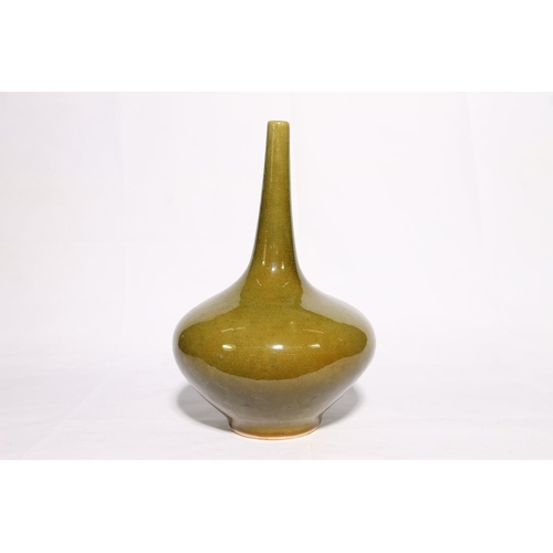 32 - Oriental baluster shaped bottle vase in spinach green with crackle glaze, 35cm high.