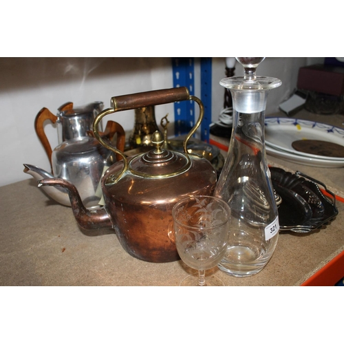 321 - Copper spirit kettle, glass decanter and etched wine glass, brass middle Eastern style tray, etc.