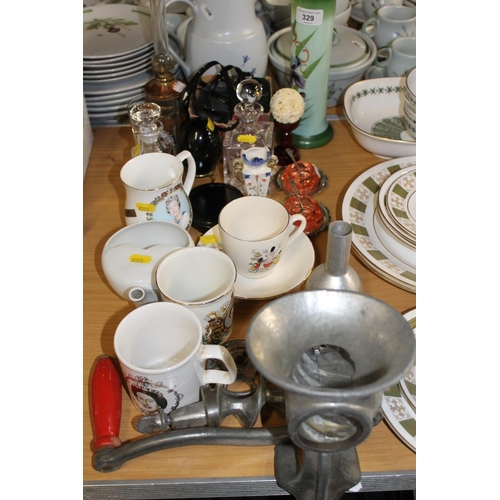 329 - Mixed lot to include commemorative mugs, glass perfume bottle with stopper, camera, etc.