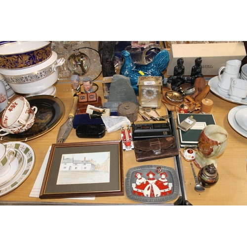 331 - Mix lot to include bule hen on nest, carriage clock, novelty mobile phone lighter, Dalvey of Scotlan... 