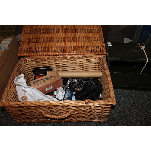 342 - Wicker basket, vintage mobile phones, deed box, etc.