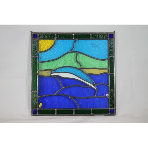 51 - Leaded glass window panel, 41cm x 41cm, and a similar mirrored panel.