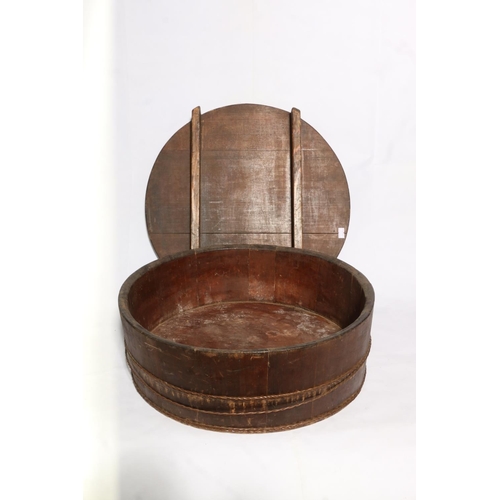 6 - Oriental coopered wooden circular storage box, 43cm high.