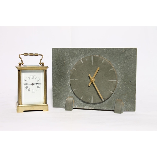 66 - French brass carriage clock with lever escapement, 15cm high and a slate mantel clock.