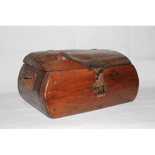 8 - Rustic wooden hinge top box with dome top and metal straps, 38cm long.