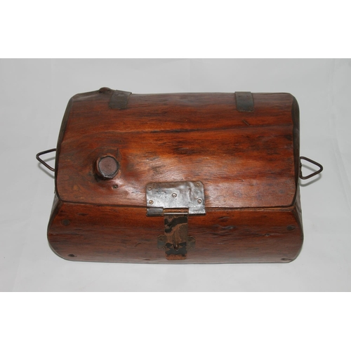 8 - Rustic wooden hinge top box with dome top and metal straps, 38cm long.