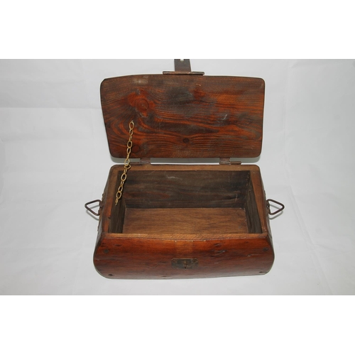 8 - Rustic wooden hinge top box with dome top and metal straps, 38cm long.