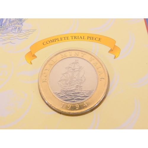 279 - United Kingdom. Royal Mint 1994 two pound coin trial piece set in card folder with various blanks sh... 