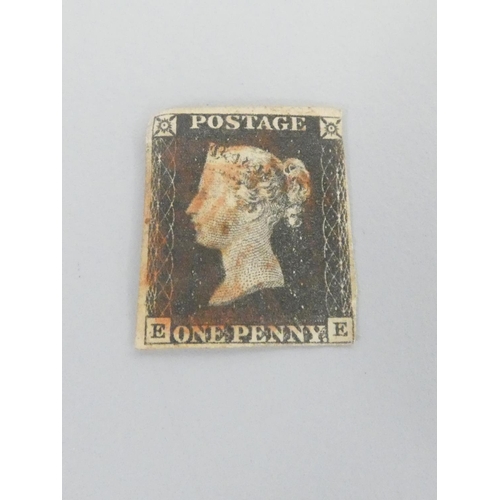 359 - Great Britain. Penny black stamp, imperforated and with red Maltese Cross cancellation mark. Plate l... 