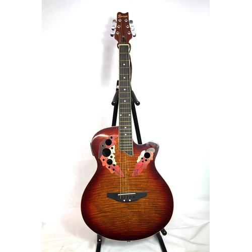 404 - Spider five string electric guitar with sunburst and leaf design.