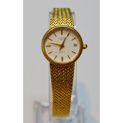 189 - Rotary lady's rolled gold quartz wristwatch, with white circular dial, baton indices and date window... 