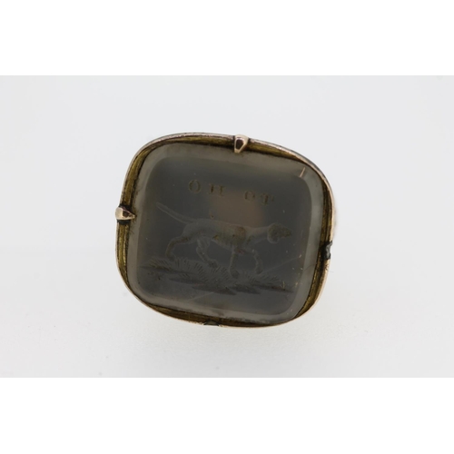 468 - Victorian gilt framed intaglio seal fob, carved to the white hardstone with a gun dog and motto 'To ... 