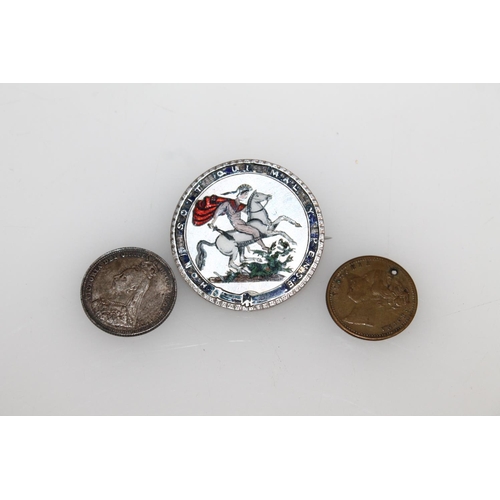 474 - George III silver crown, enamelled and brooched, together with an 1887 QV jubilee head shilling and ... 