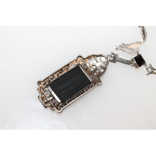 476 - 1930s continental Art Deco white metal, marcasite and onyx necklace.