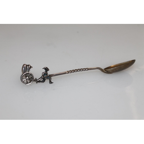 608 - Hallmarked silver souvenir teaspoon, the terminal in the form of a man pulling a Rickshaw with spinn... 