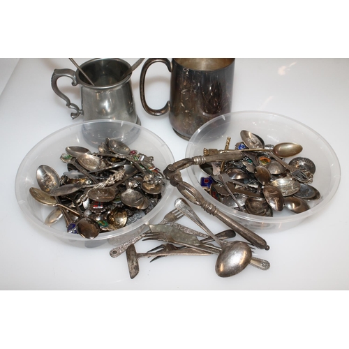 609 - Silver plated tankards, flatware and souvenir teaspoons (qty)