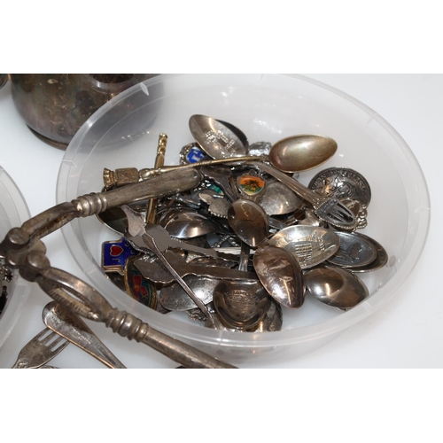 609 - Silver plated tankards, flatware and souvenir teaspoons (qty)