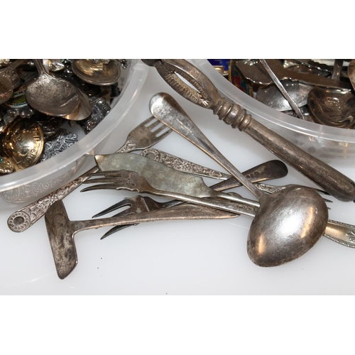 609 - Silver plated tankards, flatware and souvenir teaspoons (qty)