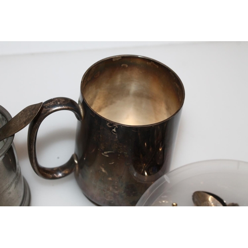 609 - Silver plated tankards, flatware and souvenir teaspoons (qty)