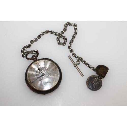 610 - Victorian silver cased open face key wind pocket watch with engraved dial, on white metal albert cha... 