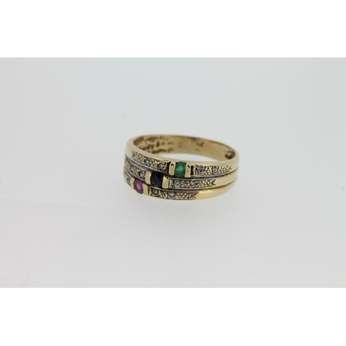 542 - Yellow metal ring set with CZ stones flanking a small emerald, amethyst and onyx stone, tests as 9ct... 