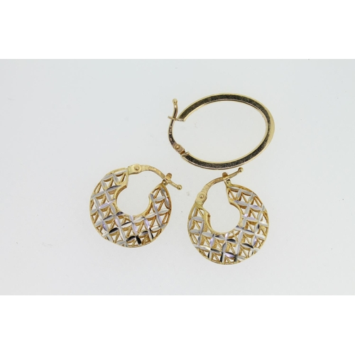 561 - Pair of 18ct gold two tone filigree earrings and a single 18ct gold hoop earring, 5.8g.