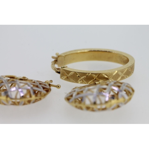 561 - Pair of 18ct gold two tone filigree earrings and a single 18ct gold hoop earring, 5.8g.