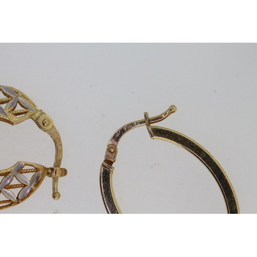 561 - Pair of 18ct gold two tone filigree earrings and a single 18ct gold hoop earring, 5.8g.