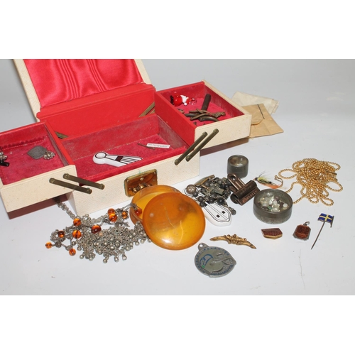 622 - Jewellery box containing amber bead necklace, crucifix pendant on chain, loose gemstones including m... 