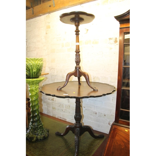 758 - 19th century side table, raised on tripod base and a similar tea table.