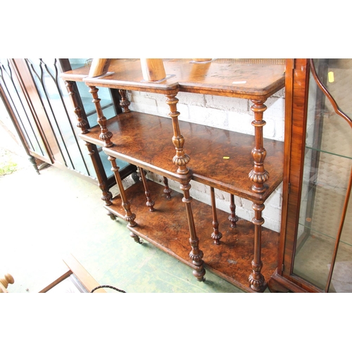 770 - Victorian burr walnut etagere with brass gallery rail, 106cm high.