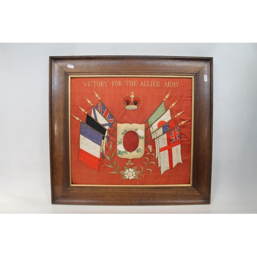 675 - Framed needlework panel 'Victory for the Allied Army' with needlework flags in oak frame, 56cm x 61c... 