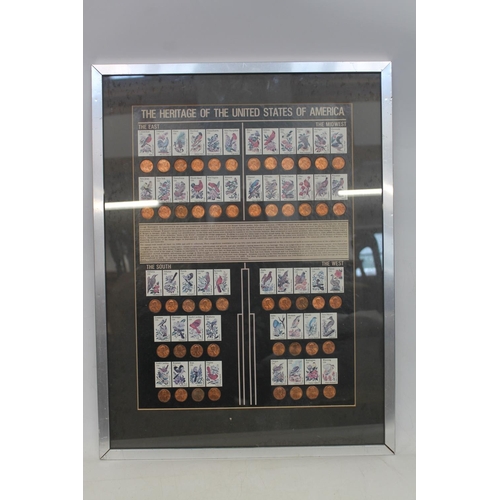 676 - Framed coin and stamp display 'The Heritage of the United States of America', frame size 58cm x 44cm... 