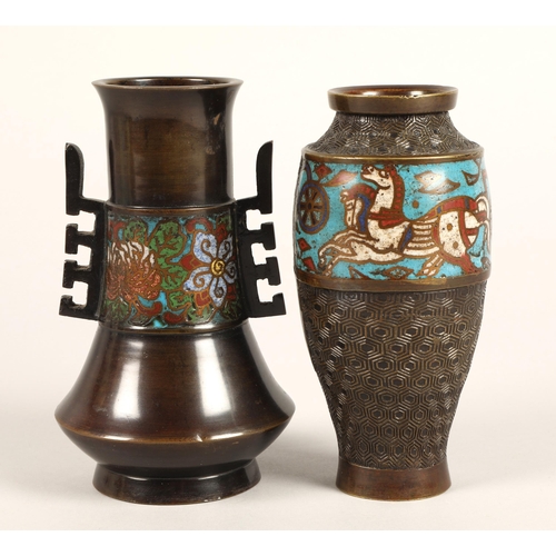 23 - Oriental cloissonne twin handled vase and another (2)