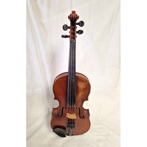 595 - German Violin, circa 1900, length of back 360mm, unlabelled with two bows in case