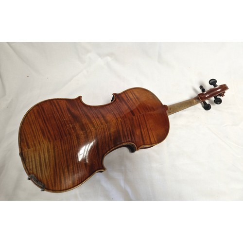 595 - German Violin, circa 1900, length of back 360mm, unlabelled with two bows in case