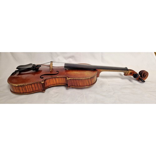 595 - German Violin, circa 1900, length of back 360mm, unlabelled with two bows in case