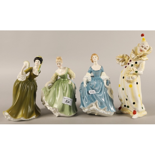 234 - Royal Doulton figures Fair Lady HN2193, Simone HN2378, Hilary HN2335, and a Coalport clown(4)