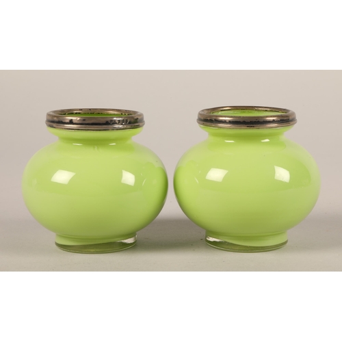 239 - Pair silver lipped green glass pots, London 1922