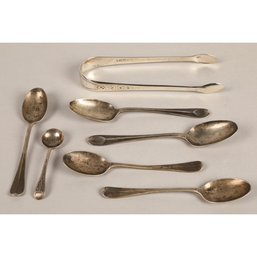 247 - Assorted silver teaspoons, sugar tongs, and salt spoon, gross weight 103g