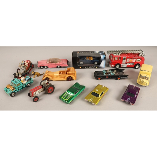 351 - Collection of playworn die case vehicles to include Dinky fire engine, Chitty Chitty bang bang model... 